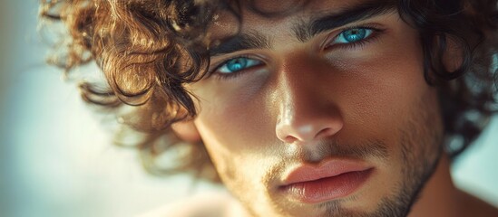 Obraz premium Portrait of a young man with curly hair and striking blue eyes, soft focus background highlighting his facial features, natural light illuminating from the side.