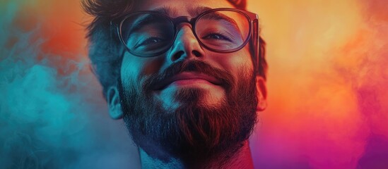 Smiling man with glasses and beard against a vibrant gradient background of orange, blue, and purple hues, showcasing joyful expressions and color.