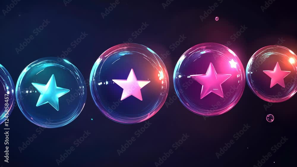 Poster dynamic flow of colorful neon stars within translucent spheres on dark background