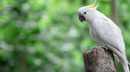 Fototapeta premium White cockatoo perched on a wooden stump amidst a lush green forest, showcasing vibrant nature