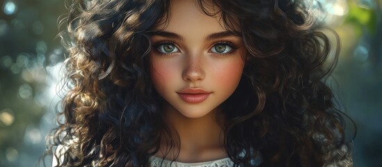 Fototapeta premium Portrait of a young woman with voluminous dark curly hair, warm skin tones, and expressive blue eyes, set against a softly blurred green background.