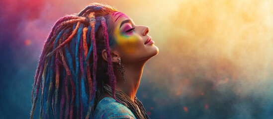 Naklejka premium Vibrant woman with colorful dreadlocks and body paint positioned against a dramatic colorful backdrop emphasizing artistic expression and beauty