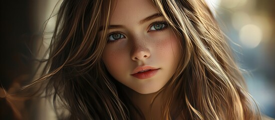 Teenage girl with long brown hair and captivating blue eyes, softly illuminated from the front, set against a blurred warm background.