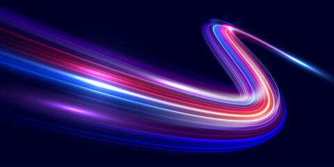 Modern abstract high speed movement. Dynamic motion light trails on dark blue background. Futuristic digital technology movement concept. Pattern for banner. Vector EPS10.