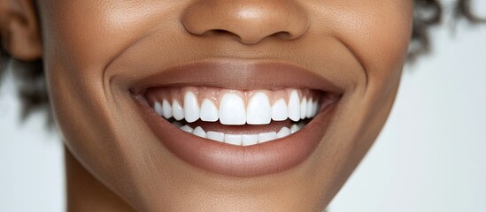 Obraz premium Closeup of a joyful woman smiling brightly with a radiant white smile in a softly lit studio environment with neutral background tones
