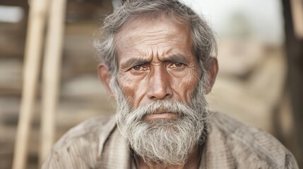 Elderly man, village portrait, weathered face, rural background, humanitarian use