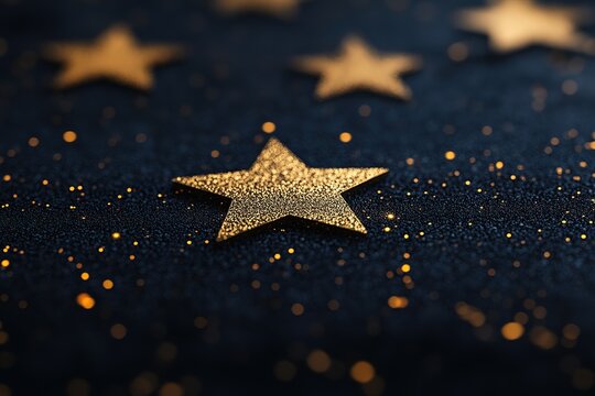 Midnight Sparkle: Celestial Night Sky Background. Elegant dark blue backdrop adorned with shimmering golden stars, perfect for luxury branding, invitations, holiday designs, cosmic themes, and        