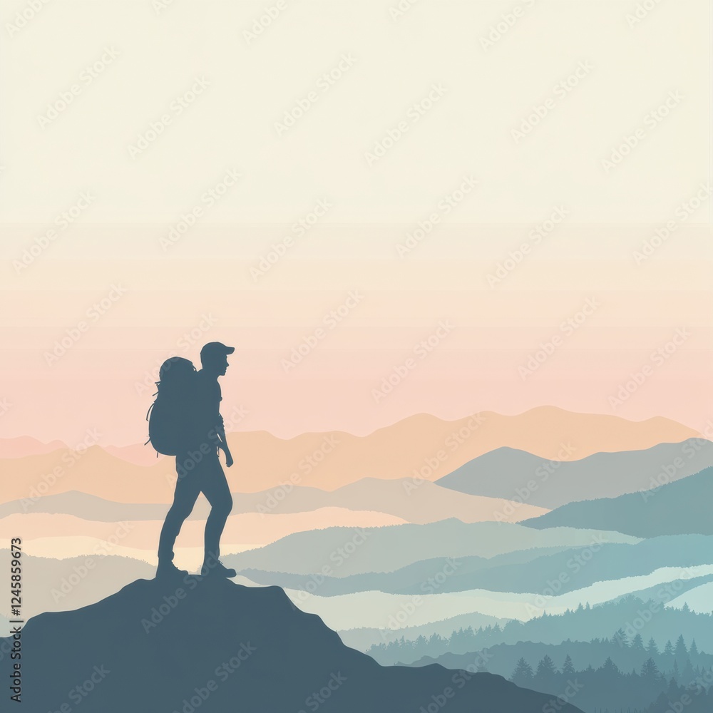 Poster Silhouette of a hiker with a backpack on a mountain ridge at dawn with open space for text. Generative AI