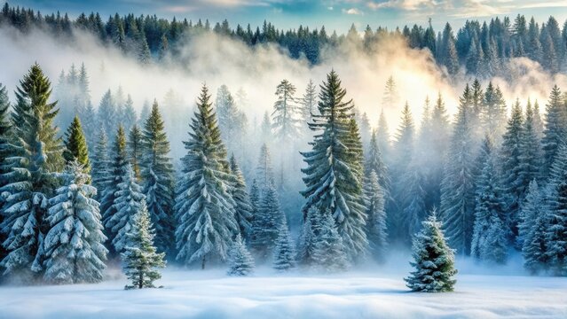 Dense snow-covered forest with tall evergreen trees and frosty mist rising from the ground , mist, peaceful,  mist, peaceful, evergreen - Powered by Adobe