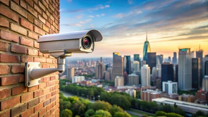 A CCTV camera on a wall with a cityscape in the background, CCTV, cityscape, CCTV