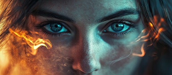 Naklejka premium Intense close-up of a woman's eyes reflecting passion and determination with vibrant blue tones and fiery orange accents creating a dynamic contrast.