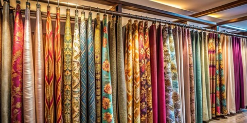 Elegant silk fabrics drape elegantly on a wooden rod in a modern drapery shop setting showcasing intricate patterns and vibrant colors, rich textures, interior design