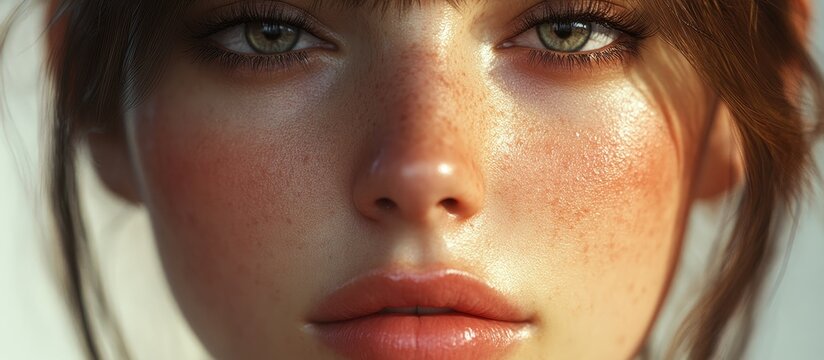 Close up portrait of a healthy female face with glowing skin bright green eyes soft brown hair smooth skin no makeup elegant lips natural beauty