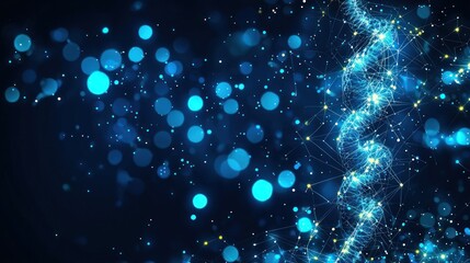 Obraz premium Abstract DNA helix, glowing particles, dark background, science concept