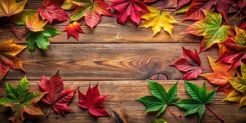 Vibrant fall leaves in shades of red are scattered on a wooden floor , red leaves, leafy greens