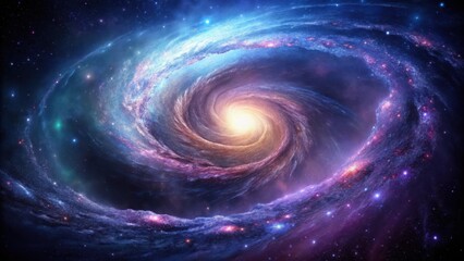 Spiral arms of a peculiar galaxy with swirling purple and blue gas, cosmic dance, dark matter