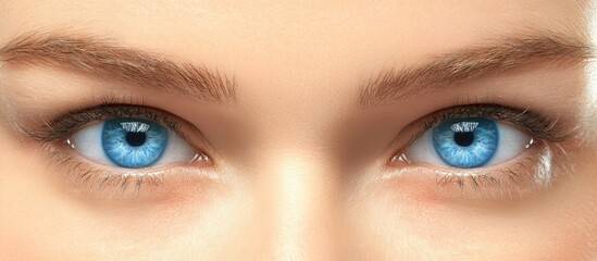 Close-up portrait of a middle-aged woman's striking blue eyes and upper face against a soft white background highlighting her captivating gaze