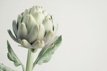 Fototapeta premium Vibrant Green Artichoke: Fresh from the Garden, Ready for Culinary Delights. A Single, Exquisite Artichoke Showcases its Lush, Intact Green Leaves and Sturdy Stem, Perfect for Recipes, Menus, or 