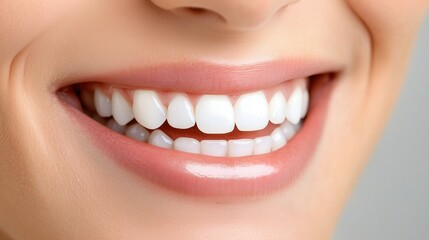 Close-up of a smiling mouth with bright white teeth. Oral health and dental care concept. Wellness and beauty in focus.