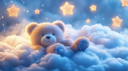 Fototapeta premium Adorable bear lying on a fluffy pastel cloud, gazing at twinkling stars in a serene, magical landscape