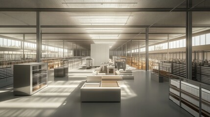 A clean, modern textile factory with high-tech machinery and neatly arranged materials