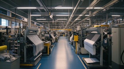 A clean, modern textile factory with high-tech machinery and neatly arranged materials