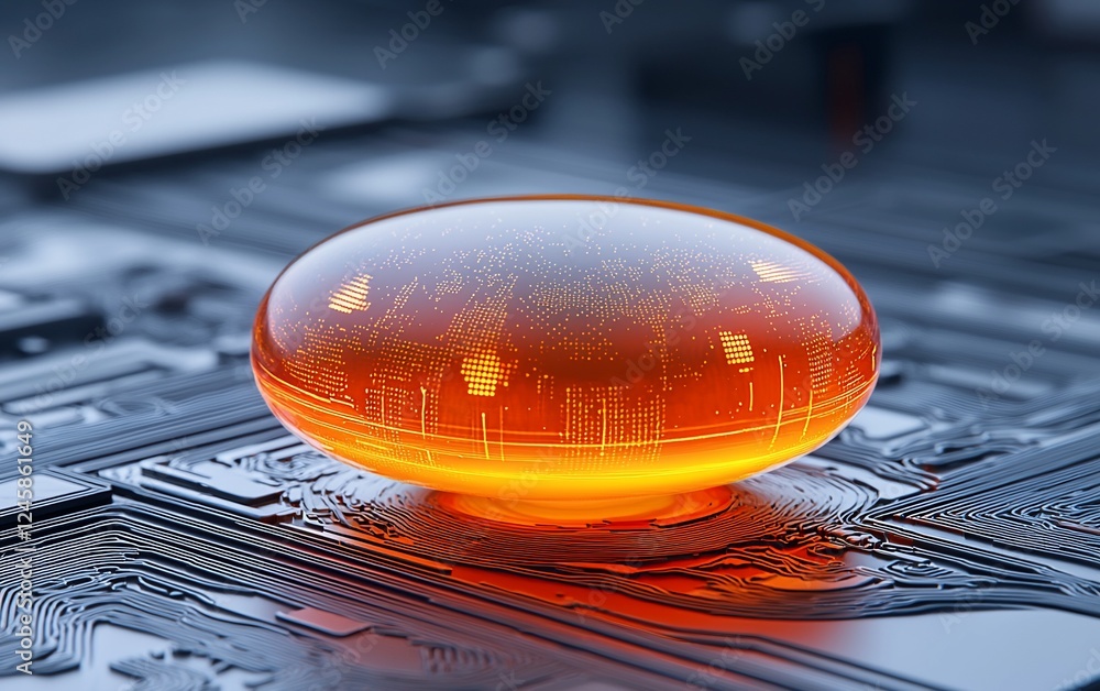 Poster glowing data orb on circuit board; futuristic tech