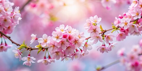 Obraz premium Vibrant cherry blossoms in full bloom against a soft pink and white background, with delicate branches stretching towards the sky , Colorful flowers, Nature
