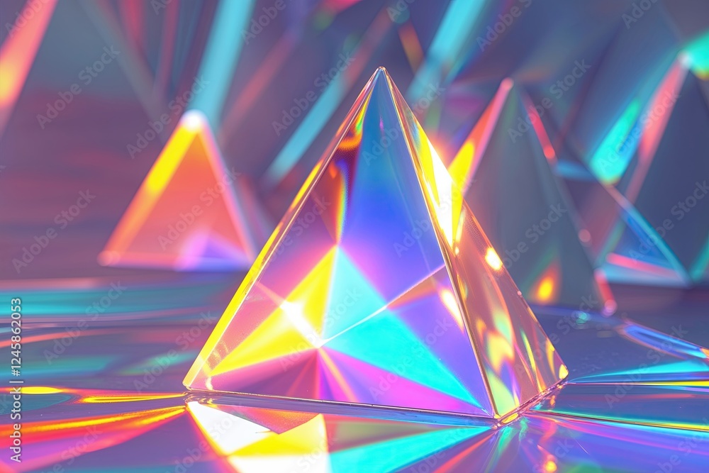Poster vibrant triangular holographic prisms creating distinct light spectrum on clear background
