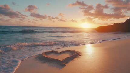 Obraz premium A peaceful sunset scene with a heart-shaped sand design, calm waves, and soft clouds, creating a romantic and serene natural environment on the beach.
