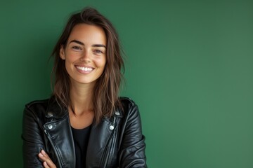Fototapeta premium Smiling Confident Woman in Black Leather Jacket
