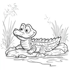 Fototapeta premium Crocodile Riverbank Simple Coloring Book Design