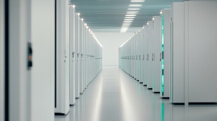 Sophisticated data center displaying gleaming server racks with clean architectural lines, highlighting high tech infrastructure and modern computational precision