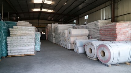 Giant rolls of polyester and cotton fabrics stored for mass textile production