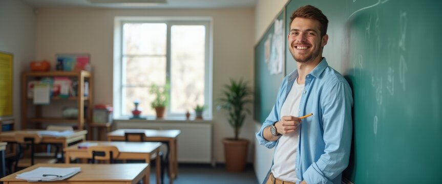 A cheerful young man leans casually against a green chalkboard, exuding warmth and approachability in a sunlit classroom. His relaxed posture and genuine smile create an inviting atmosphere, while the