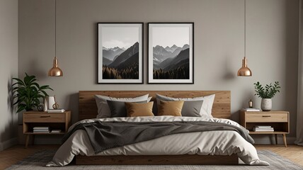 Serene Bedroom Retreat: Wooden Accents and Mountain View Art Prints