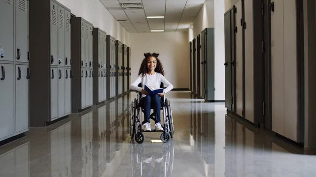 A smiling young girl in a wheelchair, looking in the camera and smiling inside of a school corridor, stock video