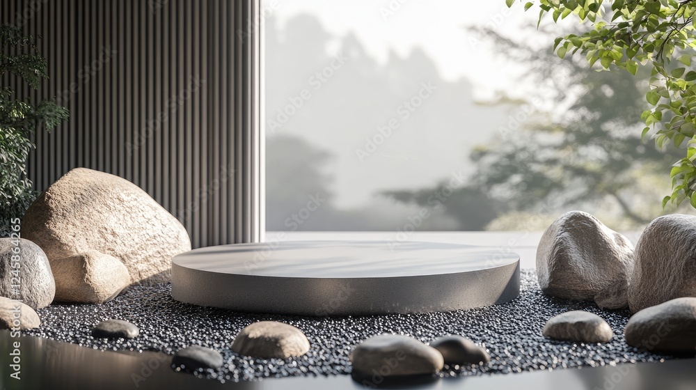 Poster a podium framed by sparkling pebbles and shiny rocks, setting the stage for a high-end product displ