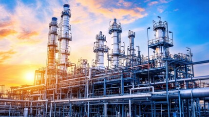 Fototapeta premium Oil and gas refinery structures with interwoven pipelines and metal scaffolding under a golden sunset