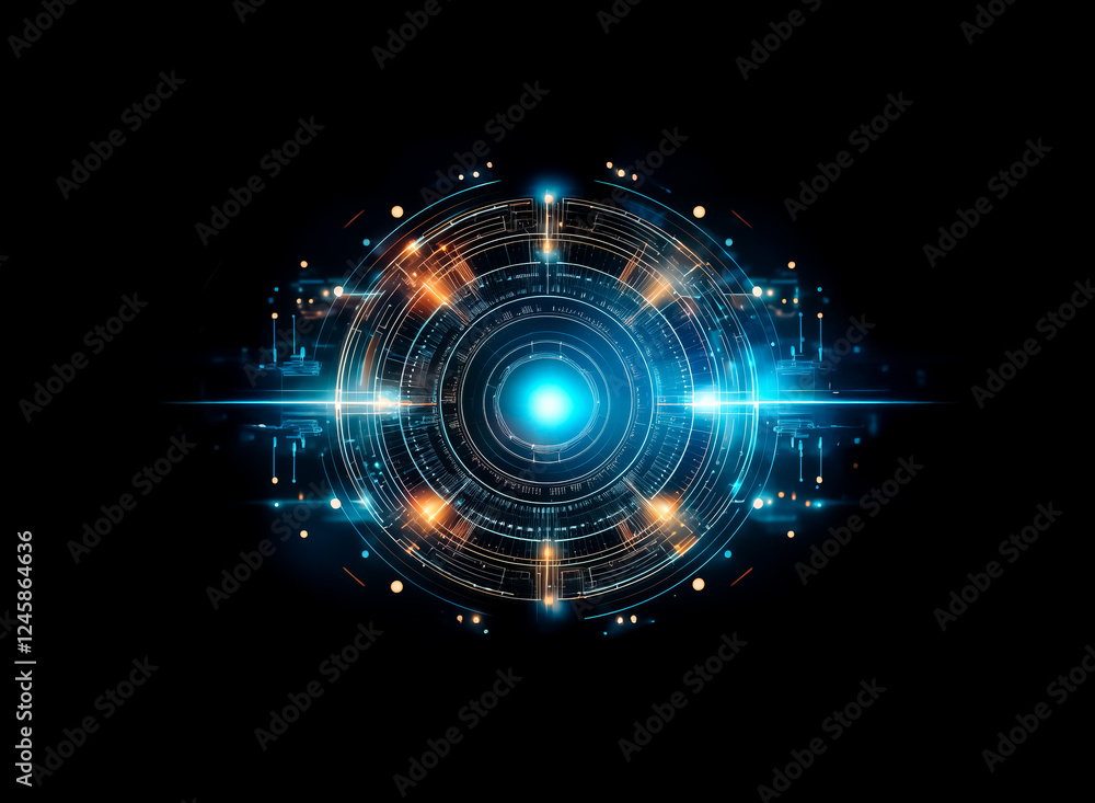 Aufkleber A glowing circular element with intricate digital patterns radiates bright blue and orange light against a dark background, evoking a futuristic, technological, or abstract design.