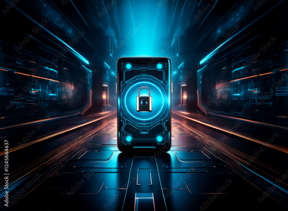 Fototapete a glowing lock icon is displayed on a device screen, set against a futuristic tunnel with vibrant bl