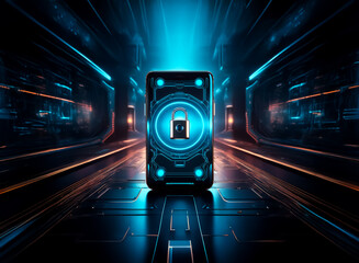 A glowing lock icon is displayed on a device screen, set against a futuristic tunnel with vibrant blue and orange neon lights, suggesting digital security in a cyber environment.