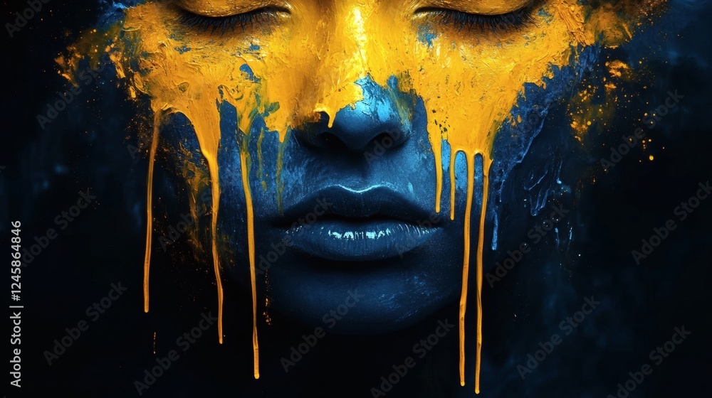 Poster creates ultra realistic and very high resolution 3d a painting with splashes of dripping paint in ye