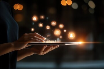 Modern Tech Control: Person Seamlessly Managing Multiple Digital Displays via iPad, Futuristic Interface, Innovative Digital Workflow, Streamlined Technology, Effortless Multitasking, Digital         