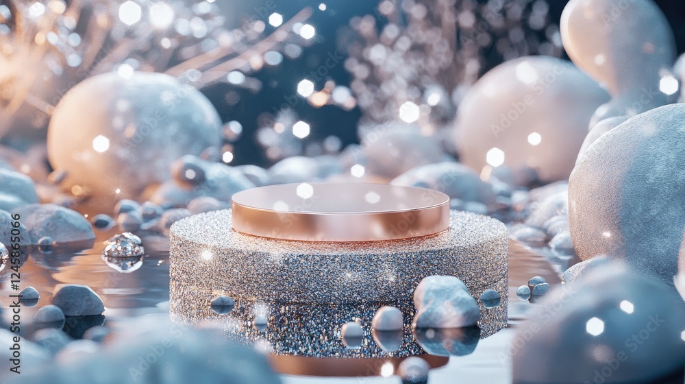 Poster a podium surrounded by sparkling pebbles and rocks, creating a sophisticated and elegant showcase fo