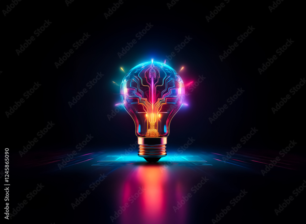 Poster illuminated lightbulb with brain-like circuitry inside, glowing with vibrant neon colors against a d