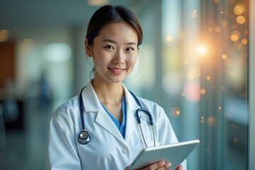 Medical Technology. Young Asian female doctor in white coat using tabl