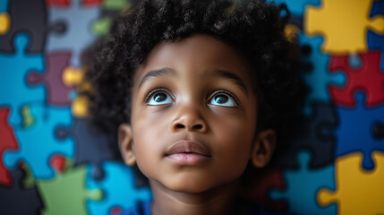 Photo of beautiful  black child looking serene and curious, multicoloured jigsaw pieces in the background. Autism awareness, ASD, landscape format 16:9 with copy space