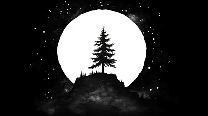 Silhouette of a pine tree atop a rocky hill under a large moon, surrounded by stars