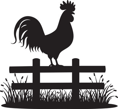 black rooster silhouette on fence clip art preview